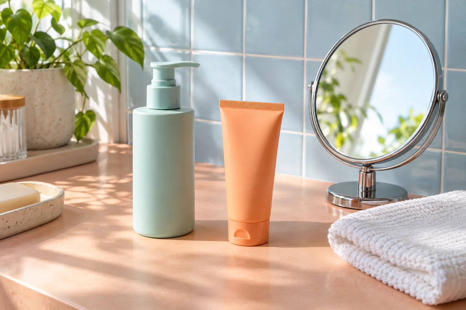 Unbranded aqua bottle and orange treatment tube beside a mirror on a peach bathroom counter